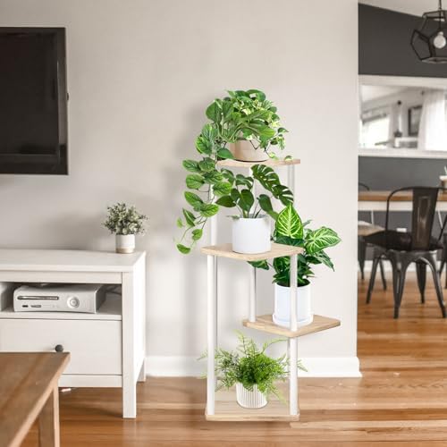 4 Tier Plant Stand Indoor, Thickened Metal Wood Corner Plant Shelf Stands for Multiple Plants, Indoor Tall Plants Stand Tiered Flower Holder for Living Room Patio Garden Balcony(White+Oak) - Image 5