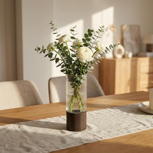 Glass Tube Vase with Wood Stand, Striped Cylinder Decor - Image 6