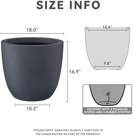 Kante 18 Inch Dia Round Concrete Planter, Indoor Outdoor Large Plant Pot with Drainage Hole and Rubber Plug for Home Patio Garden, Dark Gray - Image 3