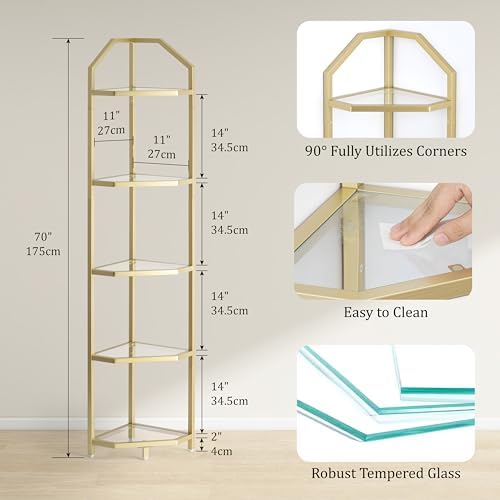 5-Tier Corner Shelf Stand, Gold Corner Bookshelf, Bathroom Storage Rack Shelf, Plant Rack, Tempered Glass, Steel Frame, Modern Style for Living Room, Bathroom, Kitchen, Metallic Gold - Image 3