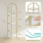 5-Tier Corner Shelf Stand, Gold Corner Bookshelf, Bathroom Storage Rack Shelf, Plant Rack, Tempered Glass, Steel Frame, Modern Style for Living Room, Bathroom, Kitchen, Metallic Gold - Image 3