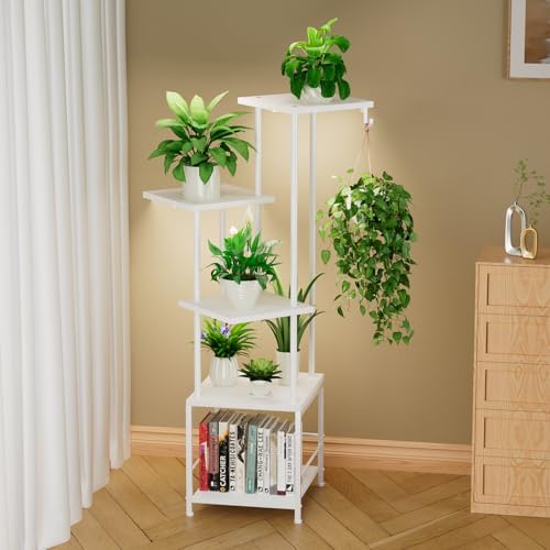 Homsorout Plant Stand Indoor with Grow Light - 5-Tier Metal Plant Shelf with Hanging Basket Hook, Corner Tall Flower Holder for Multiple Plants, Living Room Balcony Garden Patio, White by Homsorout