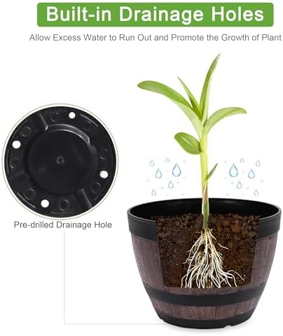 VECELO Plant Pots with Drainage Holes & Saucer, 11.3 Inch Flower Pots with Tray, 4 Pack Plastic Whiskey Barrel Planters for Indoor & Outdoor Garden Home Plants and Flowers - Image 4