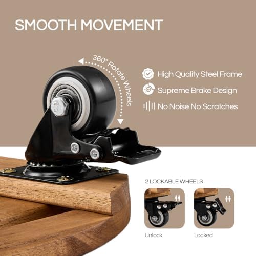 THYOI 2 Pack 12" Acacia Wood Plant Caddy with Lockable 360° Caster Wheels, 300 LB Heavy Duty Rolling Stand for Indoor Outdoor Planter Pots, Wooden Dolly for Patio (Golden Teak, Round) - Image 3