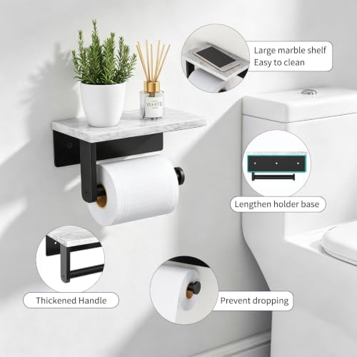 Gypie Marble Toilet Paper Holder with Shelf, Wall Mounted Matte Black - Image 2