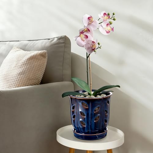 FoldTier 2 Pack 6.5 '' Ceramic Orchid Pot with Drainage Holes and Saucer - Image 5