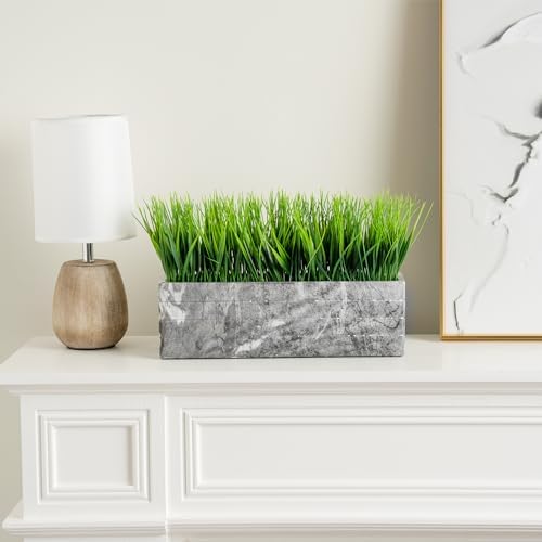 MyGift 14 Inch Artificial Green Grass Plant in Gray Marble Pattern Resin Ribbed Rectangle Planter, Faux Greenery Rectangular Cement Pot Centerpiece Home Décor - Image 4