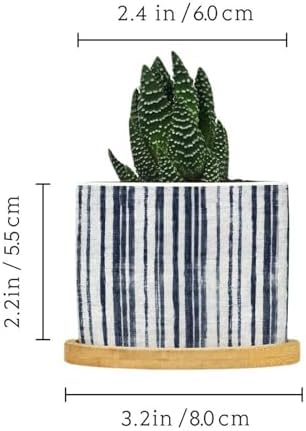 Blue French Ticking Stripes Planters Ceramic Feather Ticking Pattern Round Plant Pots with Drainage Holes and Bamboo Tray Pot for Home Desktop Office Windowsill - Image 2
