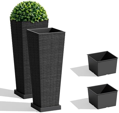 JUMMICO 23.5" Front Porch Resin Rattan Tall Planters 2 Pc, Inner&Outer Tray by JUMMICO