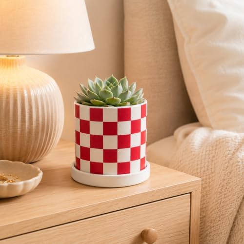 Checkered Ceramic Planter Pot with Drainage Hole and Saucer, Black and White Planters Decor,Indoor Cylinder Round Planter Pot (Red, Medium) - Image 3