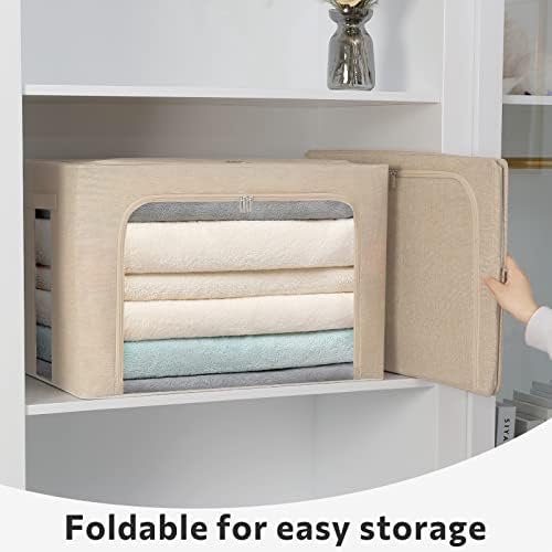 FHSQX 2 Pack Clear Window Storage Bins - Large Stackable Linen Fabric Storage for Clothes Foldable Container Organizer Set with Carrying Handles (Beige, 19.7x 15.7x 12.6 Inch) - Image 5
