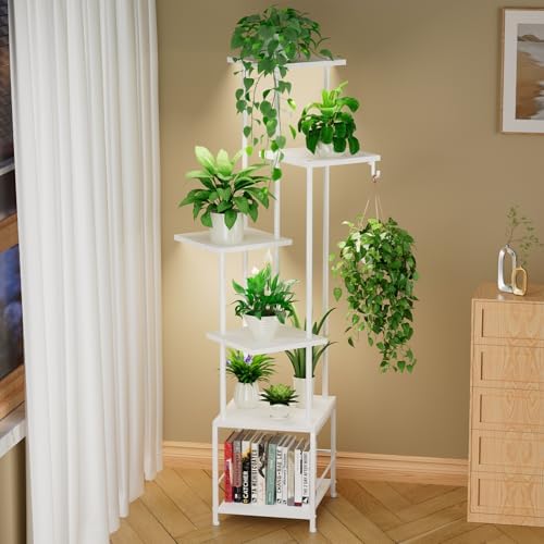 Homsorout Plant Stand Indoor with Grow Light - 6-Tier Metal Plant Shelf with Hanging Basket Hook, Corner Tall Flower Holder for Multiple Plants, Living Room Balcony Garden Patio, White by Homsorout
