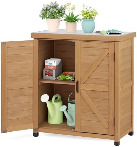 Outdoor Storage Cabinet & Potting Bench Table with Metal Top, Wooden Patio Furniture, Garden Workstation (Light Brwon, 36x31x17in) by OutdoorFurniture