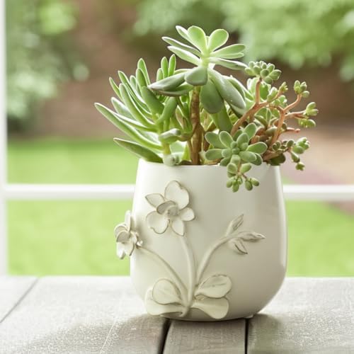 Ceramic Planter and Flower Pot for Home Decor – Elegant Plant Pot with Sculpted Floral Detail for Indoor and Outdoor Use – Adds a Romantic Touch to Garden, Patio, Living Room, or Shelf – 6" Ivory - Image 2