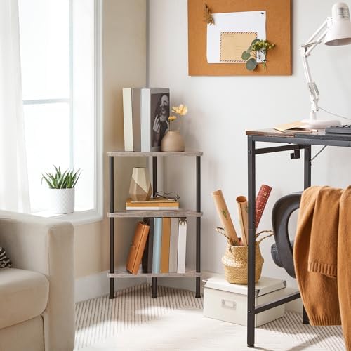 HOOBRO Corner Shelf Stand, Industrial 3-Tier Wall Corner Bookshelf with Metal Frame, Plant Display Shelf, Bookcase for Small Spaces, Living Room, Greige and Black BG30CJ01 - Image 4