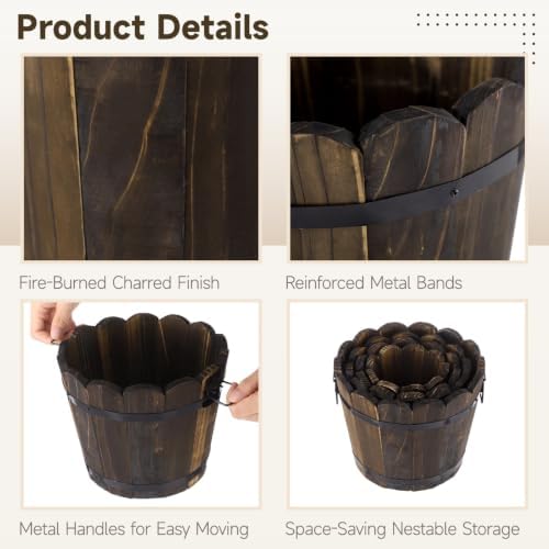 4 PCS Wooden Whiskey Barrel Planters, Wavy Edge Rustic Bucket Flower Pots with Metal Handles, Round Garden Accessory for Succulents Flowers Veggies, Outdoor Indoor Home Porch Yard Container - Image 4