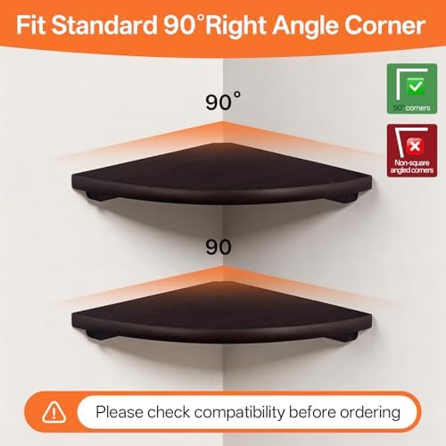 Floating Corner Shelves Set 2 12inch Walnut Solid Oak Rounded Corner Shelves Wall Mounted with Cable Hole Wood Corner Hanging Shelves for Living Room Bedroom Bathroom Kitchen - Image 3