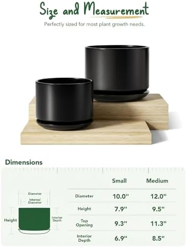 LE TAUCI 10 + 12 Inch Ceramic Plant Pots, Set of 2, Black - Image 4