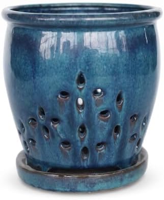 Ceramic Orchid Pot with Drainage Holes and Saucer, Vent Holes，Blue：5.9 Inch by Unknown