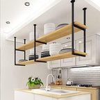 Ceiling Hanging Bar Unit Modern Ceiling Hanging Storage Rack Kitchen Pot Pan Shelf Flower Stand Plants Shelving Floating Shelves 60/80/100/120/150 Cm Bar Wine Holder Wood and Metal - Image 2