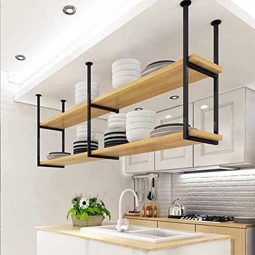 Ceiling Hanging Bar Unit Modern Ceiling Hanging Storage Rack Kitchen Pot Pan Shelf Flower Stand Plants Shelving Floating Shelves 60/80/100/120/150 Cm Bar Wine Holder Wood and Metal - Image 2