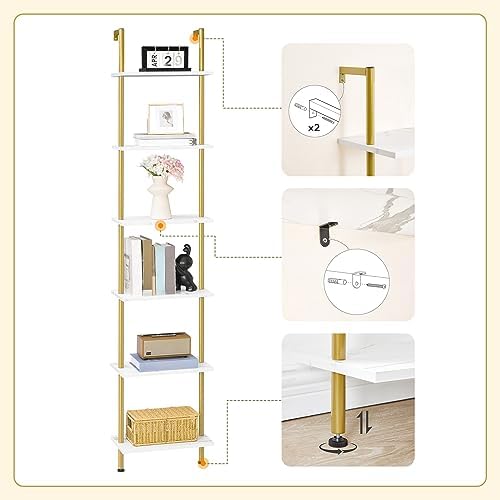 HOOBRO DIY Ladder Shelf, 6-Tier Wooden Wall Mounted Bookshelf, Narrow Gold Bookcase, Display Shelf, Storage Rack, Plant Stand, for Living Room, Bedroom, Study, Balcony, Marble and Gold DM651CJ01 - Image 6