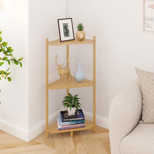 Wisuce Natural Small Corner Shelf Stand, 3-Tier Bamboo Corner Bookshelf by Wisuce
