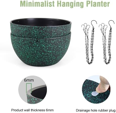 Meowell 12 inch Large Hanging Planters for Indoor Outdoor Plants, 2 Pack Hanging Flower Pots with Drainage Holes and Chain, Plastic Hanging Baskets for House Plants, Black with Green Speckles - Image 4