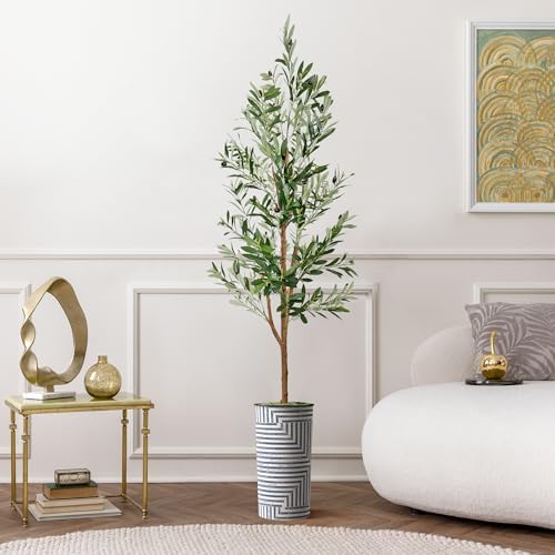 Artificial Tree in Modern Geometric Pattern Planter, Fake Olive Silk Tree for Indoor and Outdoor Home Decoration - 68" Overall Tall (Plant Pot Plus Tree) by SIGNWIN