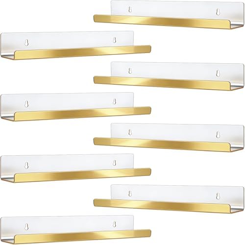 Blulu 8 Packs 14 Inch Acrylic Floating Shelf Wall Mounted Invisible Acrylic Shelf Ledge Floating Bookshelf for Living Room Office Bedroom Bathroom Kitchen Decoration Space Save (Golden) by Blulu