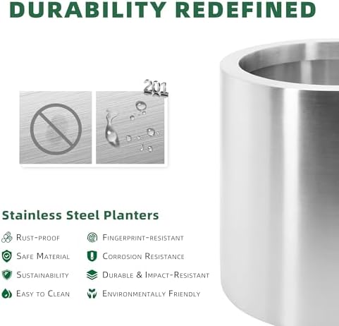 Longrun Stainless Steel Round Flower Pot - 9.8 & 11.8 inch Modern Garden Planter for Indoor & Outdoor Decor Two Packs - Image 3