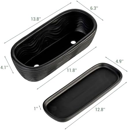 MyGift 13.5 inch Succulent Planter Pot, Oval Modern Ceramic Plant Box Container with Wave Textured Pattern and Removable Saucer Drip Tray (Black) - Image 5