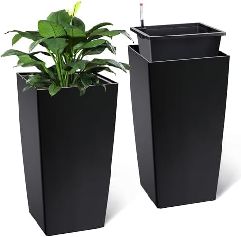 30" Tall Planter Set of 2, Heavy Duty High Planter Pots with Drainage Holes, Water Level Indicator & Removable Inner Bucket, Self Watering Planters for Indoor Outdoor Porch, Patio-Black - Image 6