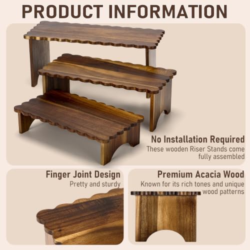 Rtteri 3 Set Scalloped Wooden Cupcake Stand Rustic Home Wood Riser 3 Tier - Image 3