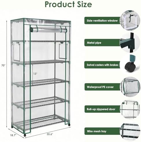 5 Tier Indoor Greenhouse with Grow Lights & Wheels & 2 Ventilation Windows , 36"x19"x70" Portable Green House Cabinet Kit with 5 Shelves Transparent PE Cover - Image 3