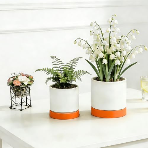 GreenShip Planter Set of 2 (10.3'' & 8.3'') – Dual-Use Self-Watering or Traditional Indoor Cylinder Flower Pots with Saucers & Side Drainage – Durable Lightweight Clay & Resin Blend (W/T) by GreenShipHandmadePots