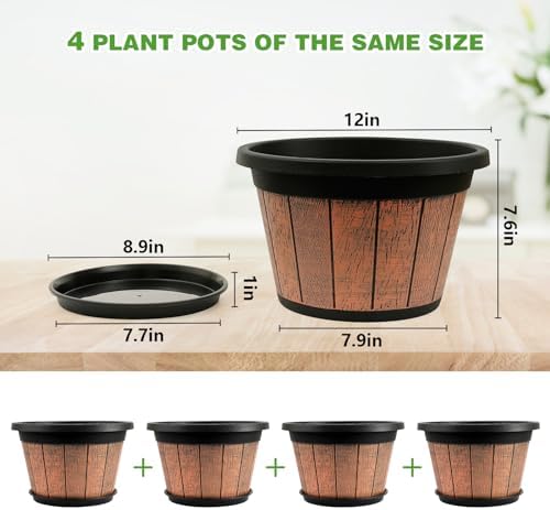 4 Pack 12 inch Plant Pot,Large Whiskey Barrel Planters Indoor Outdoor - Image 5