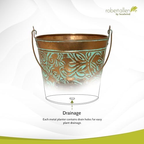 Headwind Vintage Floral Metal Planter with Handle, 12-Inch, Vintage Copper – Metal Flower Pot & Decorative Bucket Planter, Rustic Metal Outdoor Planter with Drainage Hole for Indoor Plants & Outdoor G - Image 5