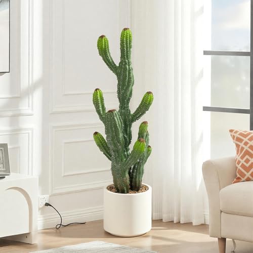 32” Artificial Cactus Plants, Tall Artificial Plants Outdoor, Tall Fake Cacti Plant UV-Resistant in White Pot, Faux Floor Plants for Indoor Home Office Hotel Bedroom Patio Balcony Garden - Image 4