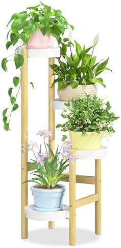 iDavosic.ly 4 Tier Bamboo Plant Stand Indoor Outdoor, Plastic Tray, White by iDavosicly
