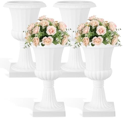 4 PCS Plastic Urn Planter, Large Flower Urn for Outdoor Patio, Modern Garden Plant Pot with Drainage Hole, Decorative White Vase for Front Porch, 11.81"x19.69" White 4 by Fukursul