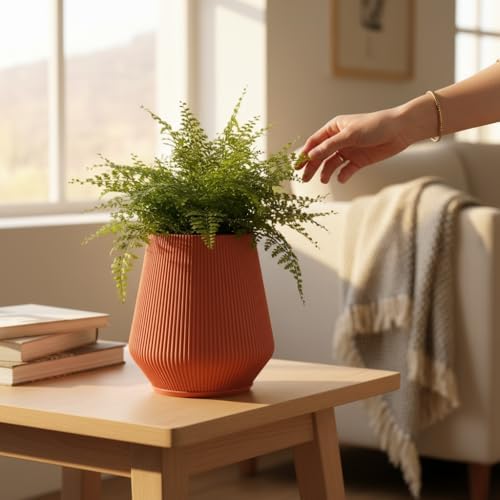 7" Modern Ribbed Planter - Plant-Based Sustainable Vase - Non-Toxic Indoor Pot for Live Plants with Soil or Dried Flowers, Minimalist Decor for Home & Office.(Terracota) by RivonCreations