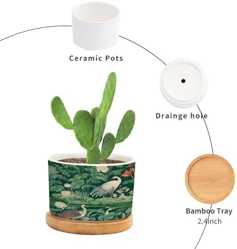 Garden Green Planter Ceramic Pink Peony Pond Geese Round Flower Pot with Drainage Holes and Bamboo Tray Pot for Pots Outdoor Indoor Plants - Image 3