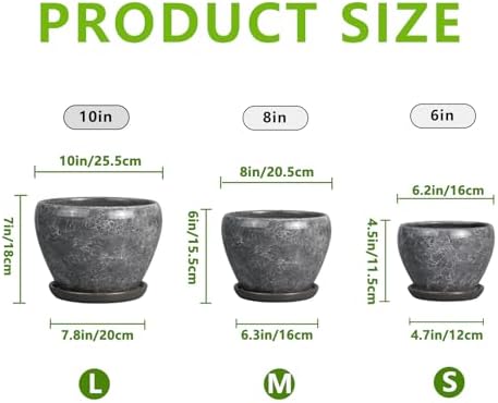 Ceramic Planters - 10 Inch 8 Inch 6 Inch Round Decorative Plant Pots with Drainage Holes and Saucers for Indoor Outdoor Flower, Room Home Apartment Decor, Gift for Women Men, Set of 3, Grey - Image 3