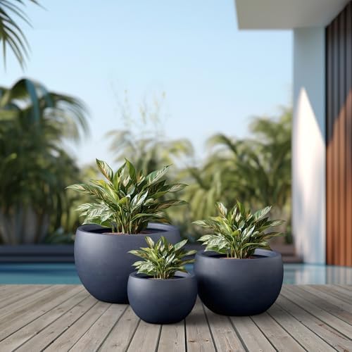 Kante Set of 3 Charcoal Concrete Bowl Planters 20" 15.7" 11.8" Dia - Image 3