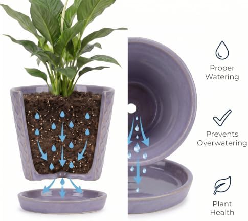 EFISPSS Ceramic Plant Pots, 5 Inch Planters with Drainage Holes and Ceramic Tray, Relief Design Flower Planter, Desktop Office Windowsill Decoration Gift Set of 4 - Lavender - Image 3