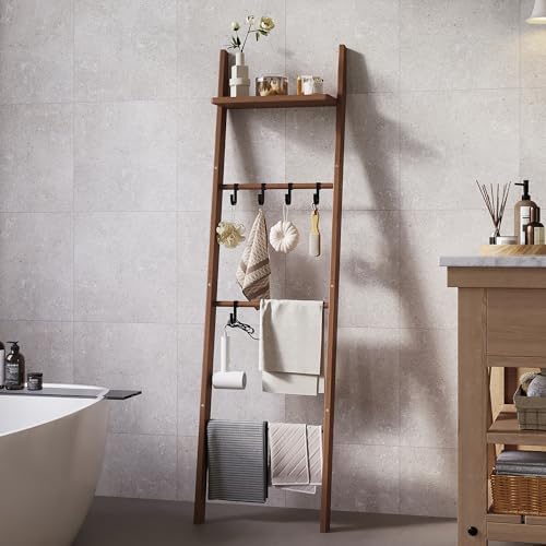 63" Bamboo Blanket Ladder with Shelf and 5 Hooks, Leaning Blanket Rack - Image 6