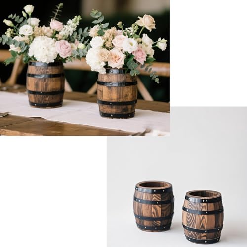 2 Pcs Wood Wine Barrel Vase 6" x 5" – Rustic Wooden Flower Vase Planter for Wedding Reception, Home Indoor Outdoor Garden, Kitchen, Party Table Decoration - Image 5