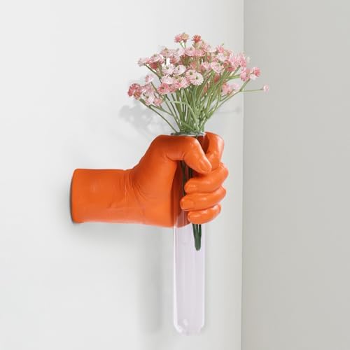 Orange Wall Sculptures, Hand Vases Home Decor, Wall Mount Art Sculpture, Unique Wall Art Statue, Funky Flower Vase Decorations, Modern Eclectic Hanging Decor,Glass Test Tube Vase (Orange) by XYQXYQ