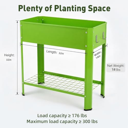 Green Elevated Metal Raised Garden Bed with Legs, Outdoor Raised Planter Box, 7.9" Deep Q235 Steel Raised Planter with Drainage, 2 Hooks & Bottom Storage Shelf for Patio, Yard, Herbs, Vegetables - Image 2